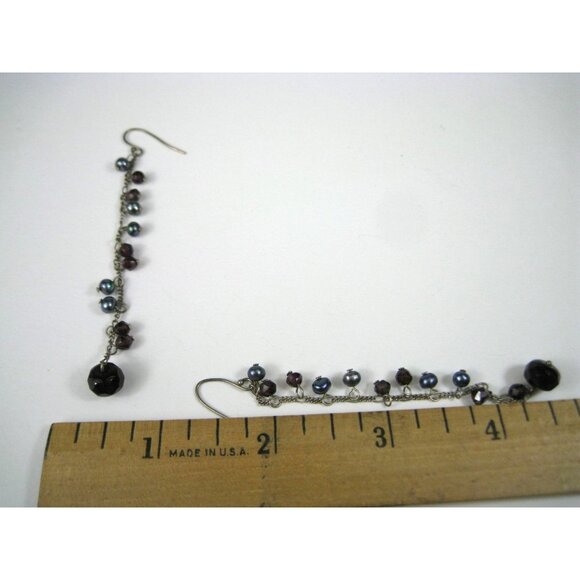 Long Dangling Earrings Garnet Faceted Stone Beads Pearls Silver Chain Dangle - Picture 3 of 9